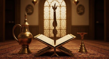 Golden artifacts on a prayer rug in a room with arched windows