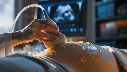 Doctor's hand performing an ultrasound on a pregnant woman's belly in a medical clinic with a visible monitor, concept for healthcare, pregnancy care and diagnostic imaging