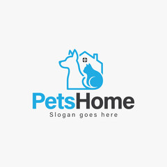 A logo pet home that features a dog and a cat for animal hotel and animal care.