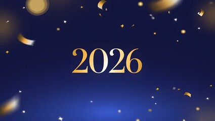 Fototapeta premium Golden 2026 text with falling confetti on a dark blue background, symbolizing new year celebrations, future events, and festive occasions