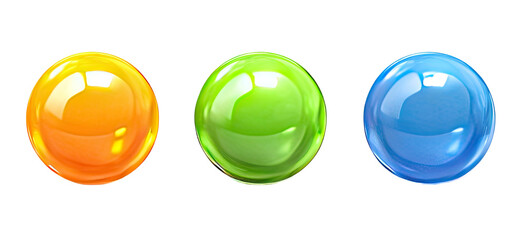 Three glossy spheres, orange, green, and blue, against black