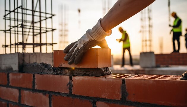 Gloved hand laying a brick on a construction site wall at sunset, with silhouetted workers in the background, concept for construction industry, real estate development and skilled labor