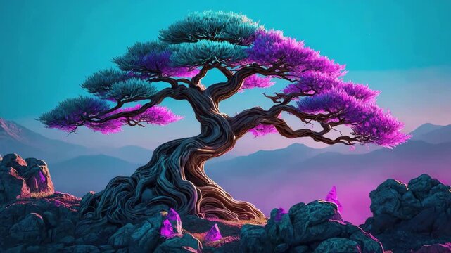 Fantasy Spirit Tree: Ancient Twisted Juniper with Glowing Purple and Teal Leaves on Rocky Terrain at Twilight, 4K video