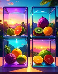 Tropical Fruits in Transparent Cubes with Sunset Backgrounds, Artistic Composition