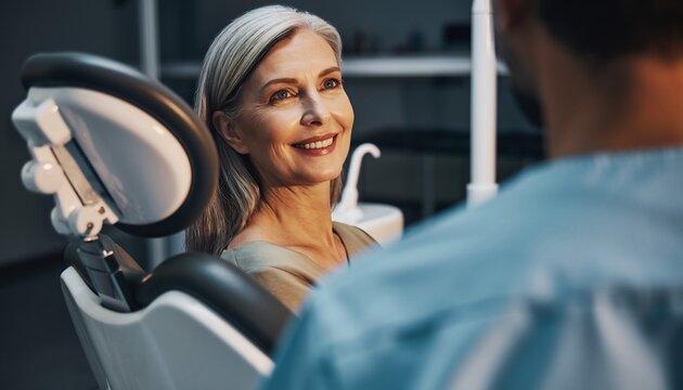 Smiling mature woman in a dental chair looking at her dentist, concept for dental care, healthy lifestyle and wellness - Powered by Adobe
