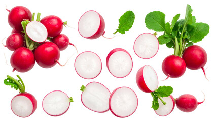 Assorted vibrant red radishes, whole and sliced, with green leaves, on black backdrop