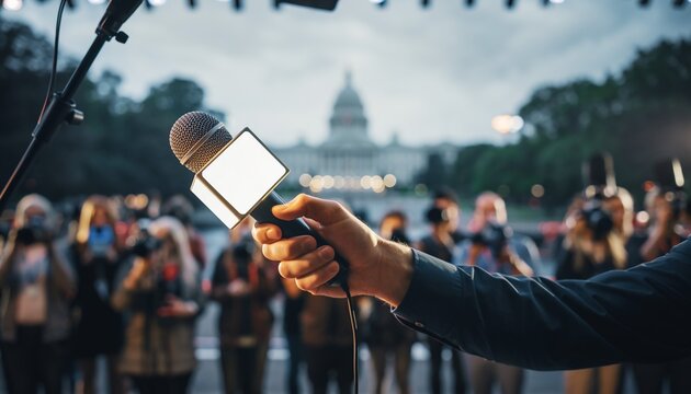 Hand holding a bright microphone reporting at an outdoor press conference with a blurred crowd and government building in the background, concept for news, journalism and public speaking.