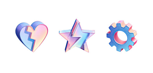 Three 3D icons broken heart, star with lightning bolt, gear