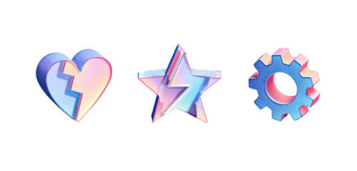 Three 3D icons broken heart, star with lightning bolt, gear