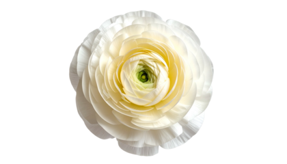 Overhead shot of a delicate, layered bloom with creamy white petals and a bright green center