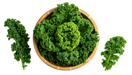 Close-up of fresh green kale leaves inside a bamboo basket, with two individual leaves flanking