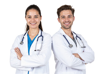 Fototapeta premium Smiling medical professionals pose confidently in white coats with stethoscopes in a clinical setting