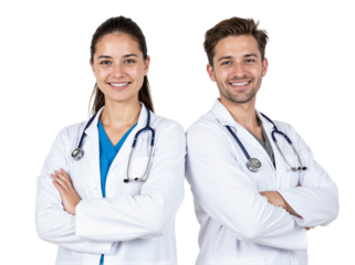 Smiling medical professionals pose confidently in white coats with stethoscopes in a clinical setting