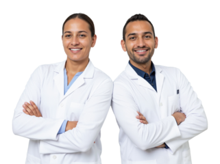 Doctors standing confidently with arms crossed in white lab coats, ready to assist patients in a clinical setting