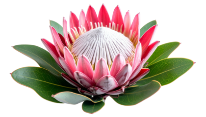 Vivid close-up shows a large protea flower with pink petals and green leaves