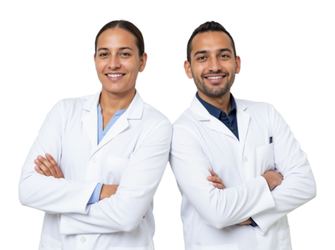 Doctors standing confidently with arms crossed in white lab coats, ready to assist patients in a clinical setting