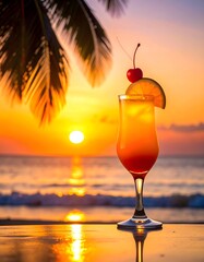 Tropical Sunset Cocktail with Cherry and Orange Slice, Palm Fronds, and Ocean View