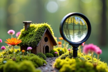 Exploring a Magical Miniature World: A House Model Adorned with Lush Moss and Delicate Flowers, Revealed Through a Magnifying Glass