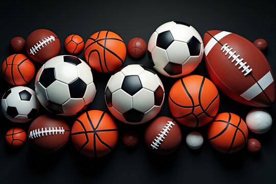 Dynamic and Eye-Catching Composition: Sport Balls and Equipment Arranged in Striking Pattern on Black Surface - Powered by Adobe