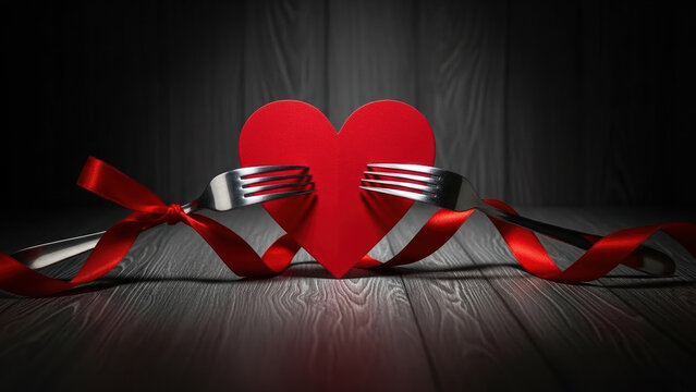 Two forks with red ribbon piercing red heart on dark wooden background symbolizing intertwined love for Valentines Day