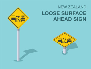 Traffic regulation rules. Isolated New Zealand "loose surface ahead" road sign. Front and top view. Flat vector illustration template.
