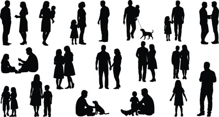 Family silhouettes of parents children couples walking talking sitting playing with pets and interacting in various everyday lifestyle poses