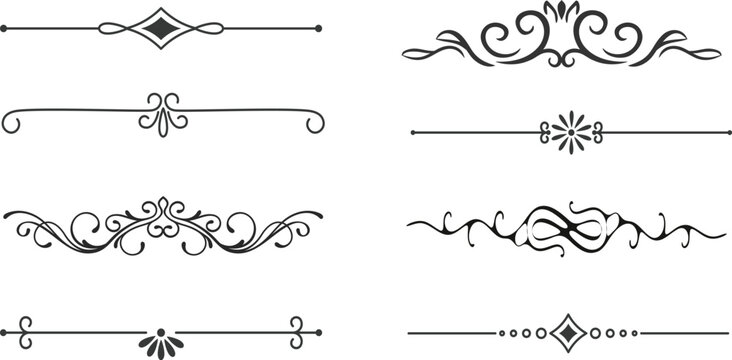 Set of black decorative line dividers with simple vintage ornaments and geometric vector designs.divider marker sketch doodle vector lines set element.set retro decorative page dividers design 