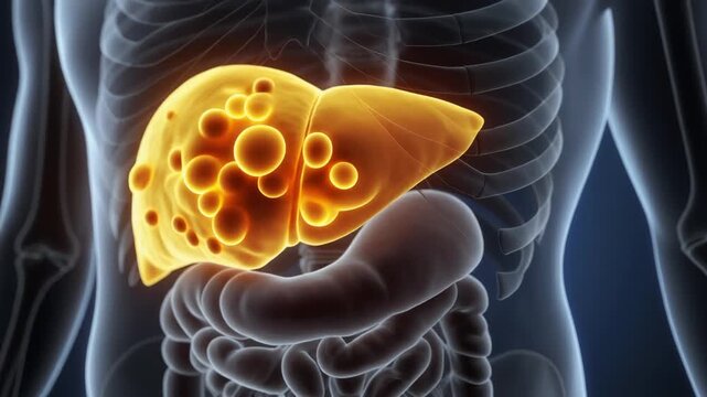 "Hyper-realistic 3D medical animation still of a human liver with visible fat infiltration (steatosis). Focus on bright yellow fat droplets accumulating distinctly around individual liver cells. Show 