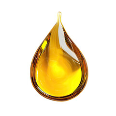 Golden oil droplet with complex reflections on a dark background