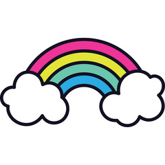 Vibrant Rainbow With Fluffy Clouds Colorful Arc Of Pink Yellow Green Blue And Teal Against White Background With Dark Outline