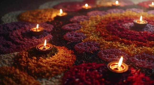 Close-up of lit diyas on a colorful flower petal rangoli for Diwali with warm tones.