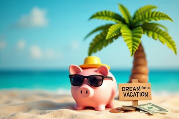 Fototapeta premium Piggy Bank Relaxing on Beach, Saving for Dream Vacation