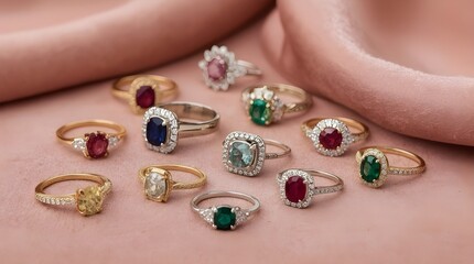 A collection of elegant rings of various shapes and sizes, made from different materials such as gold, silver, and platinum, with intricate details and designs.