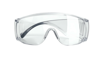 Close-up of transparent protective eyewear, against black background