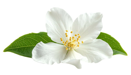 Pristine white flower, delicate petals, vibrant yellow stamens, and fresh green leaves, isolated