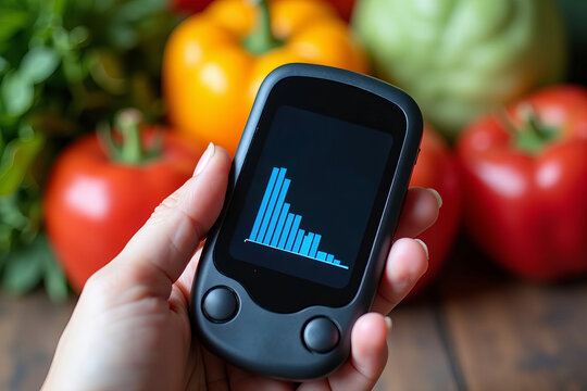 A captivating image of someone with a modern glucose monitor, featuring digital graphs indicating a significant drop in blood sugar levels
