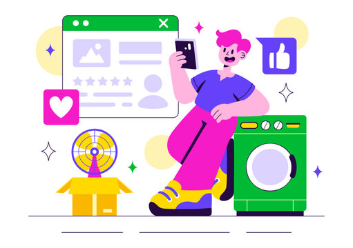 Electronics Review Vector Illustration with Customer Ratings on Service Quality and User Feedback in a Flat Cartoon Background