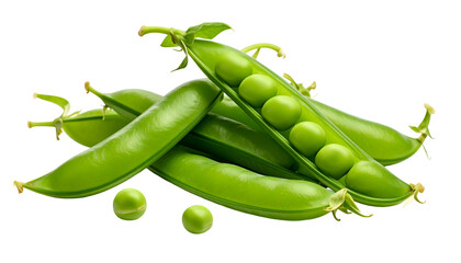 Close-up of several green pea pods, some open, revealing fresh, spherical peas