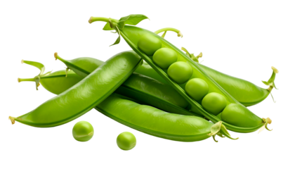 Close-up of several green pea pods, some open, revealing fresh, spherical peas
