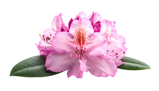 Close-up of delicate pink flower, showing petals, stamens, and two green leaves