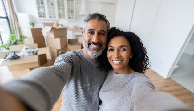 Happy mixed-race couple taking a selfie in their new home surrounded by moving boxes, concept for homeownership, relocation and new beginnings - Powered by Adobe