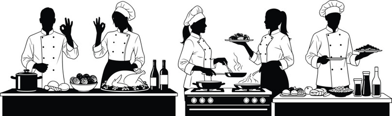Professional chef silhouettes cooking in kitchen, preparing food, serving dishes, culinary teamwork illustration, restaurant chefs working at stove and counter