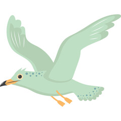 Pale Green Seagull In Flight Against A Transparent Background With Open Wings Detailed Feather Texture Small Blue Spots On Body And Wings Bright Orange Feet And Beak Showing Motion