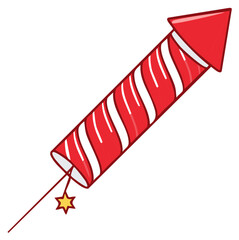 Cartoon red firecracker icon with white stripes ready to be lit for new year or 4th of July holidays