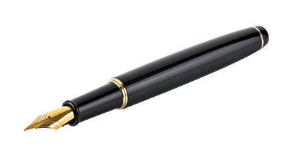 Sleek, glossy black fountain pen with gold accents, isolated on a stark, black background