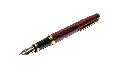 Close-up of a sophisticated writing instrument, featuring a brown wooden body and gold accents