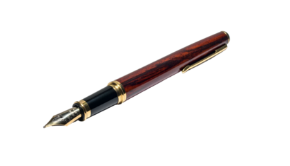 Close-up of a sophisticated writing instrument, featuring a brown wooden body and gold accents