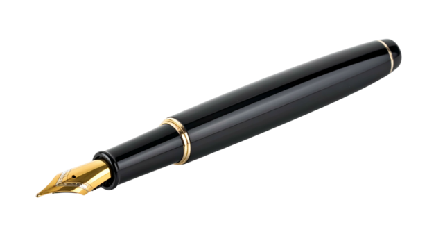 Sleek, glossy black fountain pen with gold accents, isolated on a stark, black background