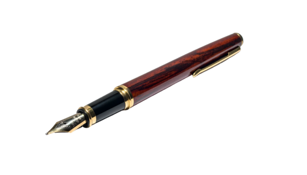 Close-up of a sophisticated writing instrument, featuring a brown wooden body and gold accents
