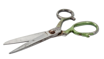 Close-up of open, slightly rusty tool with green handles, used for cutting
